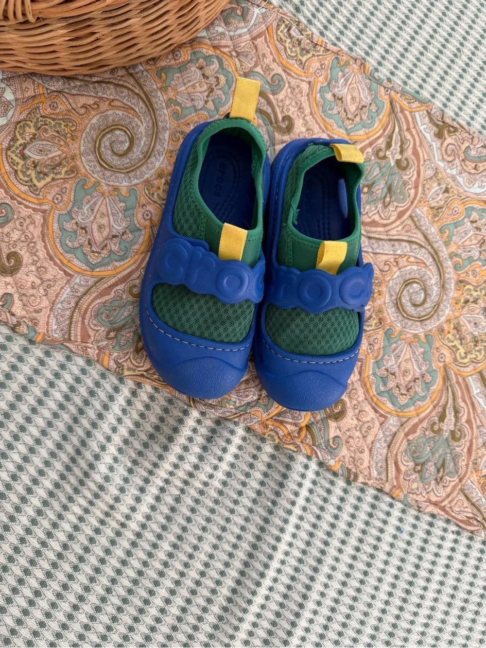 CROCS Kids Blue & Green Athletic Water Shoes with Yellow Pull Tabs Size 12